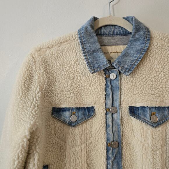 Anthro Pilcro and the Letterpress Sherpa Denim Jacket Cream Blue Size S Small - Picture 2 of 12